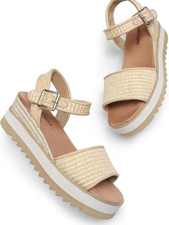 branded Shoes - Women's Open Toe Buckle Ankle Strap Espadrille Platform Wedge Sandals